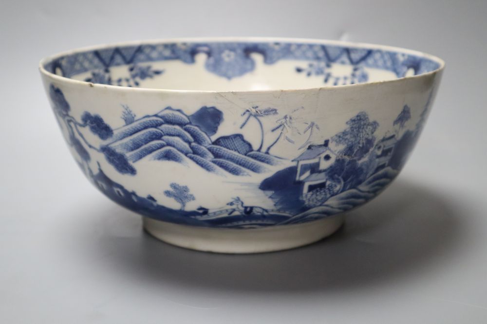 A Chinese blue and white bowl, 25cm, restored